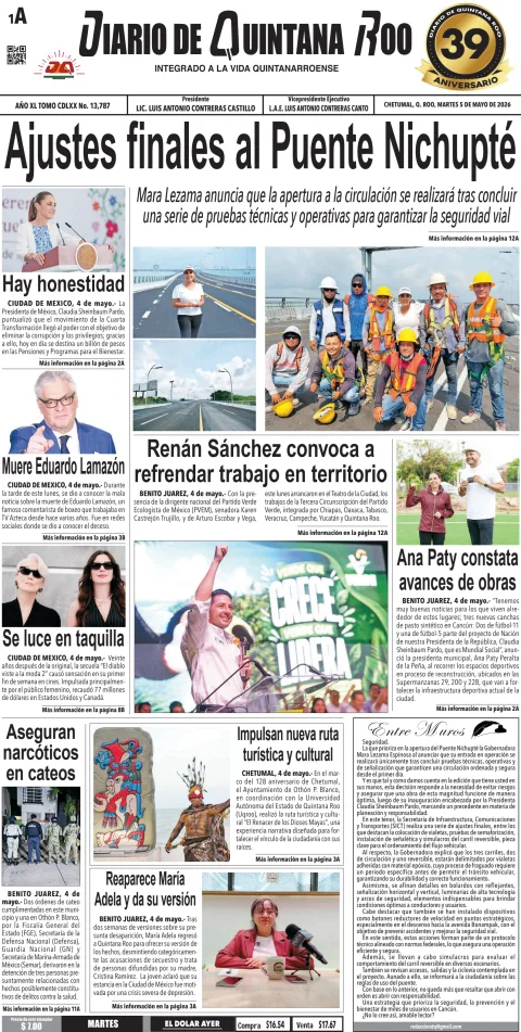 Portada de Diario de Quintana Roo (portada) del 2026-05-05