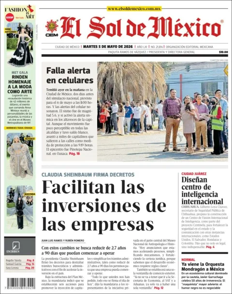 Portada de El Sol de Mexico del martes, 5 de mayo de 2026