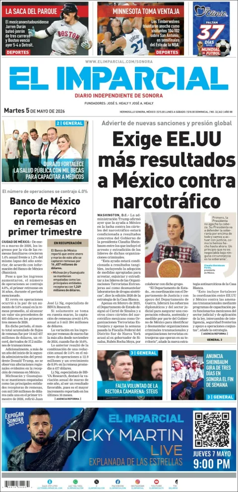 Portada de El Imparcial del martes, 5 de mayo de 2026