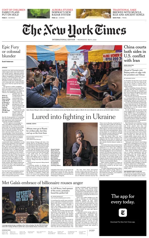 Portada de The New York Times (international) del miércoles, 6 de mayo de 2026
