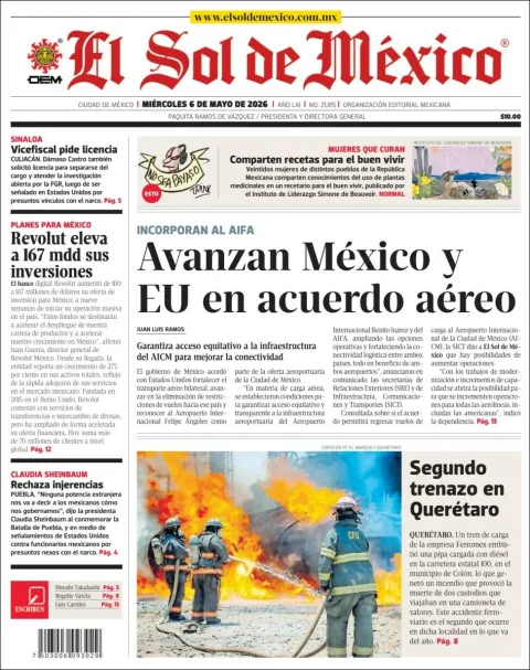 Portada de El Sol de Mexico del miércoles, 6 de mayo de 2026