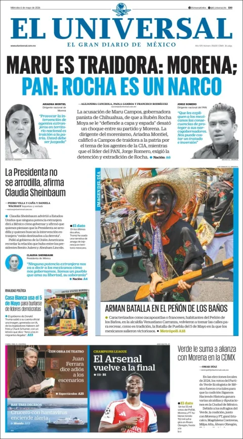 Portada de El Universal del miércoles, 6 de mayo de 2026