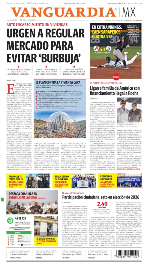 Portada de Vanguardia del miércoles, 6 de mayo de 2026