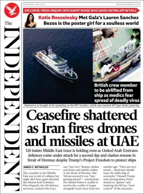 Portada de The Independent del miércoles, 6 de mayo de 2026