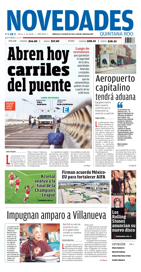 Portada de Novedades Quintana Roo del miércoles, 6 de mayo de 2026