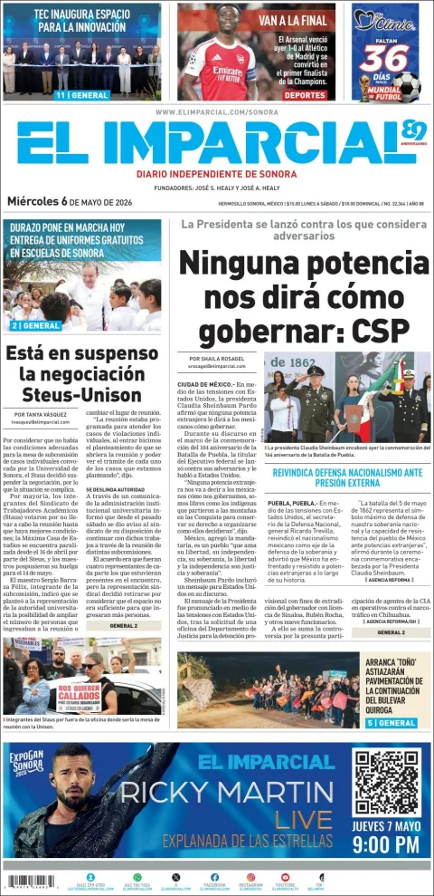 Portada de El Imparcial del miércoles, 6 de mayo de 2026