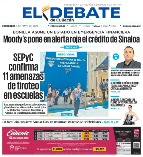 Portada de El Debate de Culiacan del miércoles, 6 de mayo de 2026