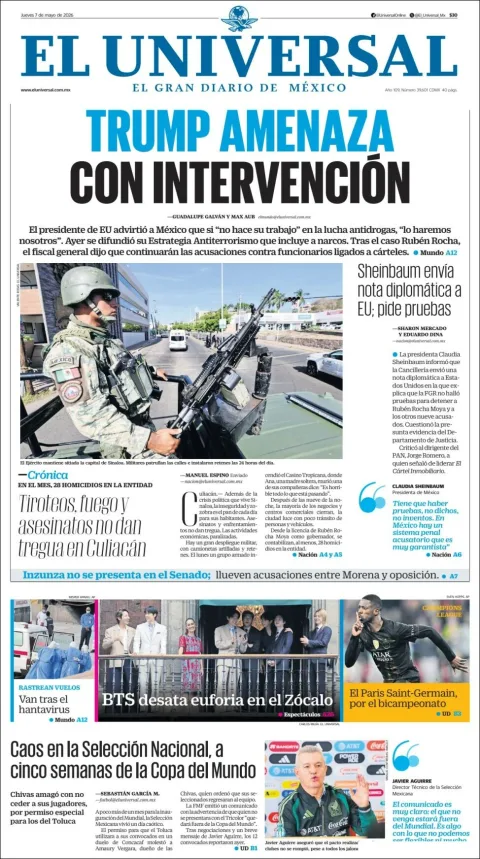 Portada de El Universal del jueves, 7 de mayo de 2026