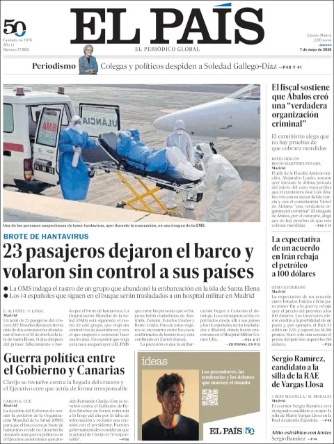 Portada de El Pais del jueves, 7 de mayo de 2026