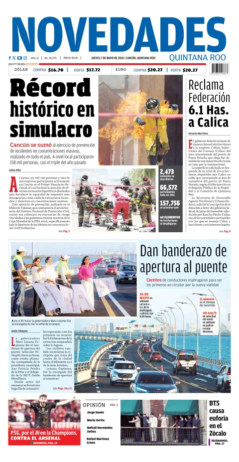 Portada de Novedades Quintana Roo del jueves, 7 de mayo de 2026