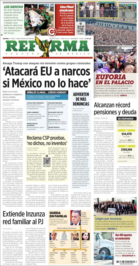 Portada de Reforma del jueves, 7 de mayo de 2026