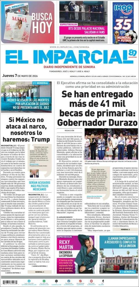 Portada de El Imparcial del jueves, 7 de mayo de 2026