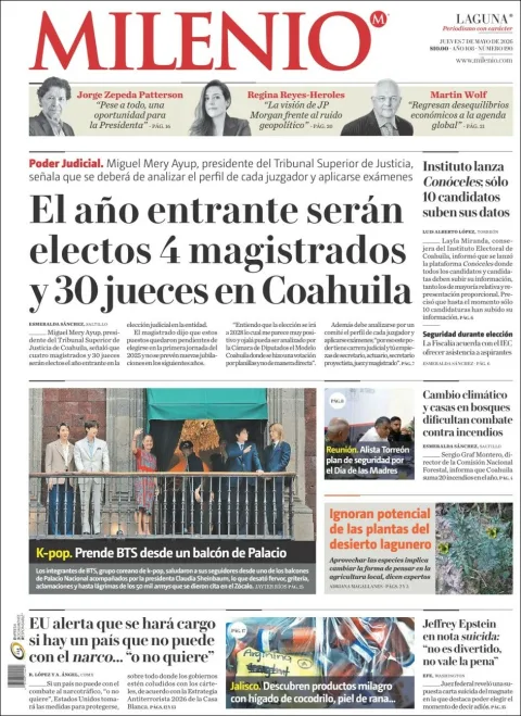 Portada de Milenio Laguna del jueves, 7 de mayo de 2026