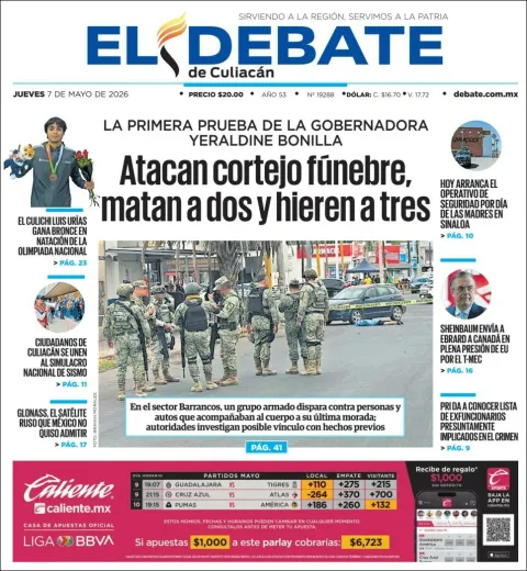 Portada de El Debate de Culiacan del jueves, 7 de mayo de 2026