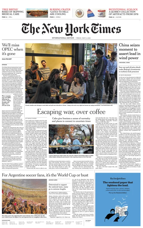 Portada de The New York Times (international) del viernes, 8 de mayo de 2026