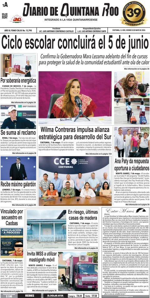 Portada de Diario de Quintana Roo (portada) del 2026-05-08