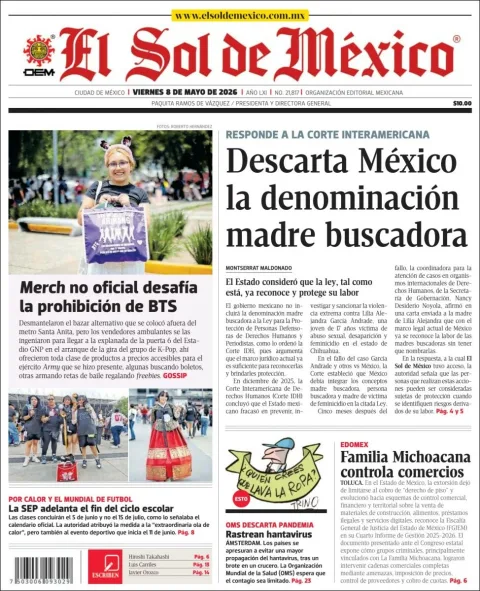 Portada de El Sol de Mexico del viernes, 8 de mayo de 2026