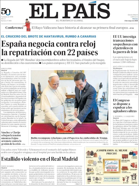 Portada de El Pais del viernes, 8 de mayo de 2026