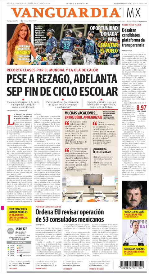 Portada de Vanguardia del viernes, 8 de mayo de 2026