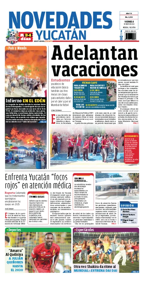 Portada de Novedades Yucatan del viernes, 8 de mayo de 2026