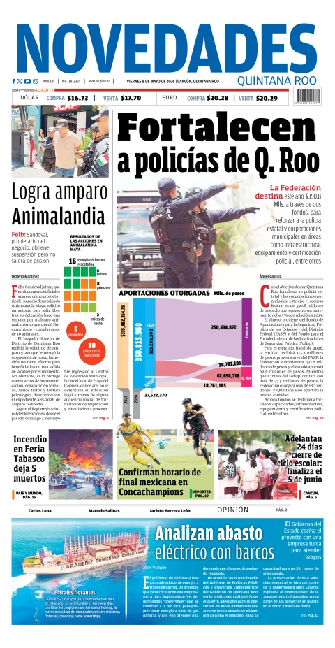 Portada de Novedades Quintana Roo del viernes, 8 de mayo de 2026