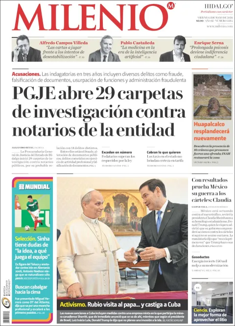 Portada de Milenio Hidalgo del viernes, 8 de mayo de 2026