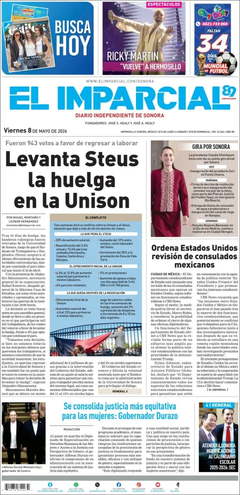 Portada de El Imparcial del viernes, 8 de mayo de 2026