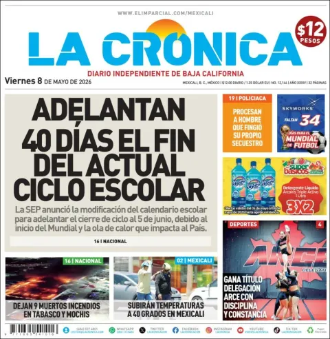Portada de La Cronica del viernes, 8 de mayo de 2026