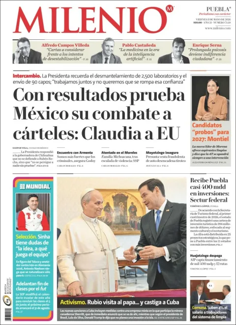 Portada de Milenio Puebla del viernes, 8 de mayo de 2026