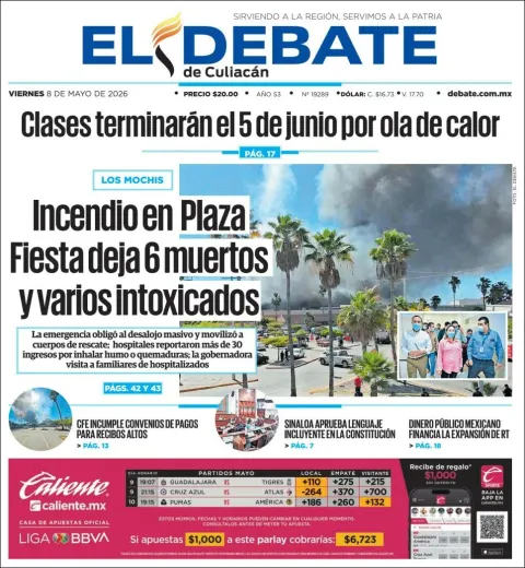 Portada de El Debate de Culiacan del viernes, 8 de mayo de 2026