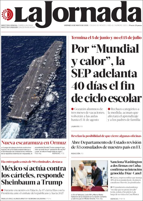 Portada de La Jornada del viernes, 8 de mayo de 2026