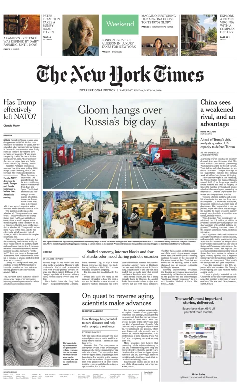Portada de The New York Times (international) del sábado, 9 de mayo de 2026
