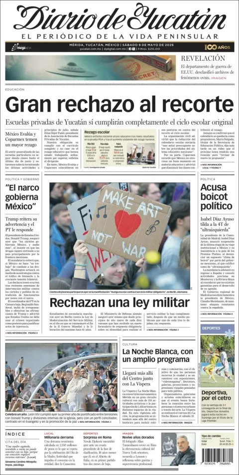 Portada de Diario de Yucatán del sábado, 9 de mayo de 2026