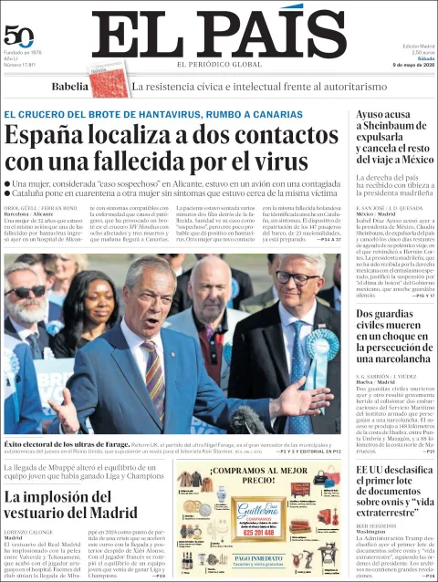 Portada de El Pais del sábado, 9 de mayo de 2026