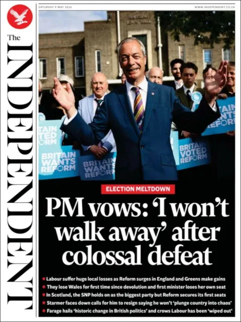 Portada de The Independent del sábado, 9 de mayo de 2026