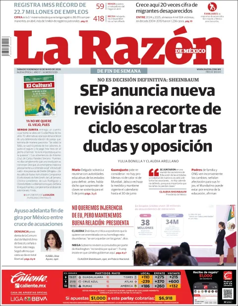 Portada de La Razon del sábado, 9 de mayo de 2026