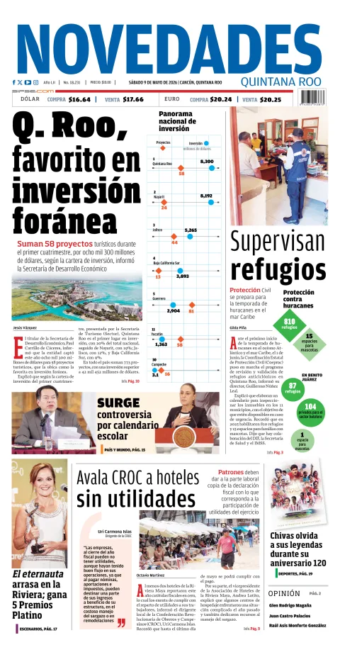 Portada de Novedades Quintana Roo del sábado, 9 de mayo de 2026