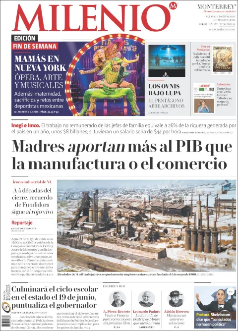 Portada de Milenio del sábado, 9 de mayo de 2026