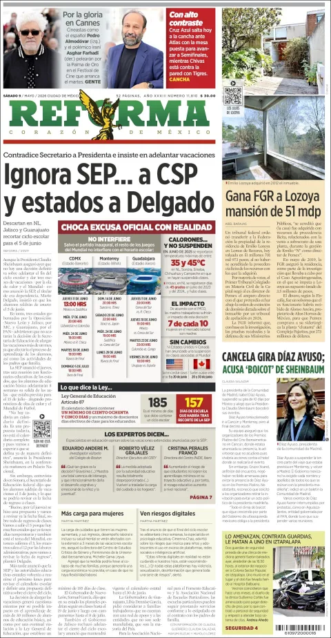 Portada de Reforma del sábado, 9 de mayo de 2026