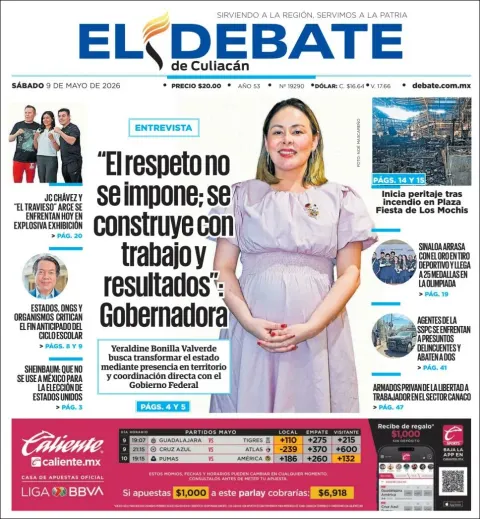 Portada de El Debate de Culiacan del sábado, 9 de mayo de 2026