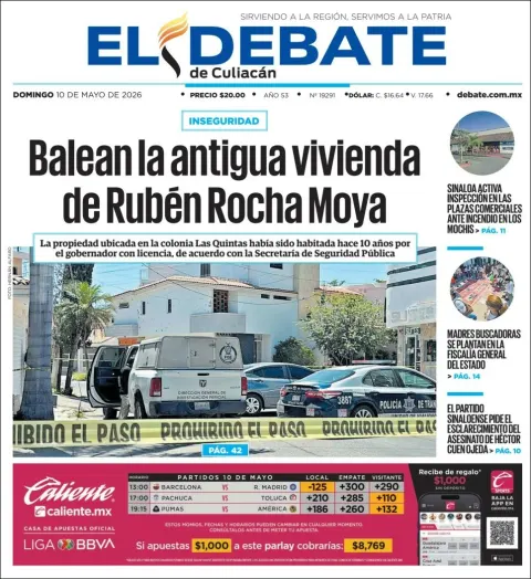 Portada de El Debate de Culiacan del domingo, 10 de mayo de 2026