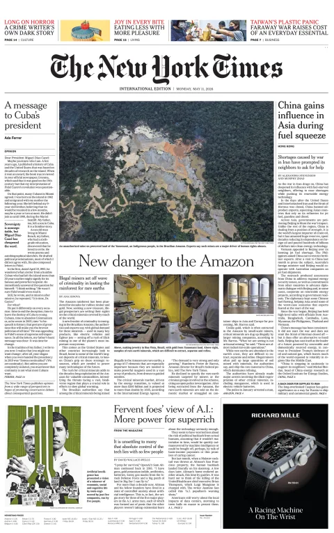 Portada de The New York Times (international) del lunes, 11 de mayo de 2026