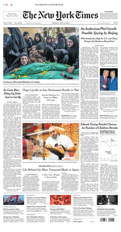 Portada de The New York Times (national) del lunes, 11 de mayo de 2026
