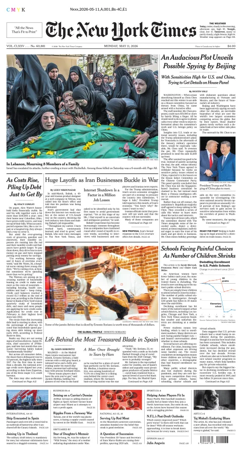 Portada de The New York Times (new York) del lunes, 11 de mayo de 2026