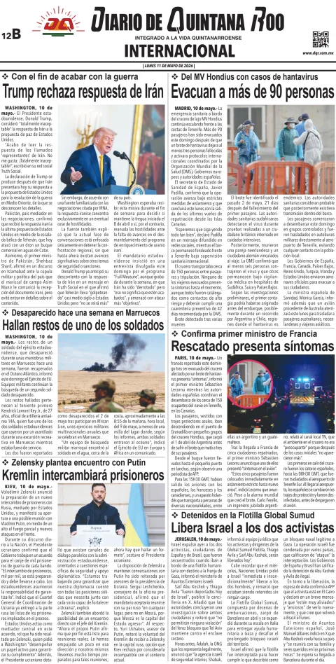 Portada de Diario de Quintana Roo (contra Portada) del lunes, 11 de mayo de 2026