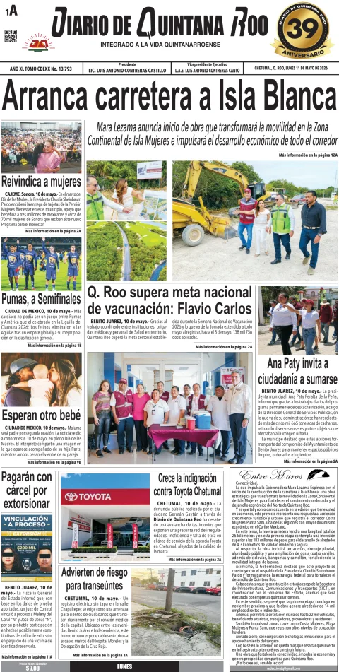Portada de Diario de Quintana Roo (portada) del 2026-05-11