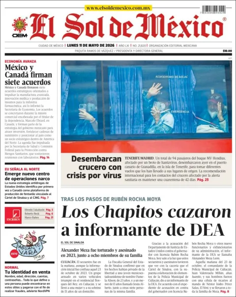 Portada de El Sol de Mexico del lunes, 11 de mayo de 2026
