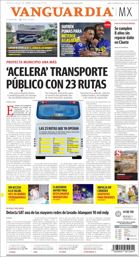 Portada de Vanguardia del lunes, 11 de mayo de 2026