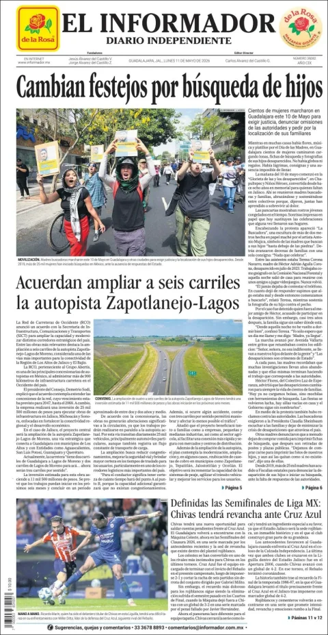 Portada de El Informador del lunes, 11 de mayo de 2026