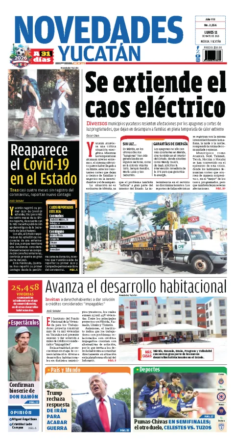 Portada de Novedades Yucatan del lunes, 11 de mayo de 2026